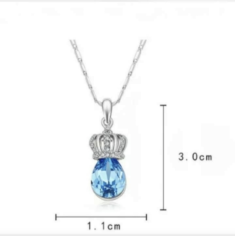 New Blue Rhinestone Imperial Crown Pendant Silver Necklace.